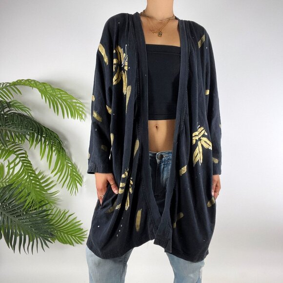 Vintage 80s 90s Black Floral Painted Retro Grunge Artsy Oversized Cardigan / 3X - Picture 5 of 8
